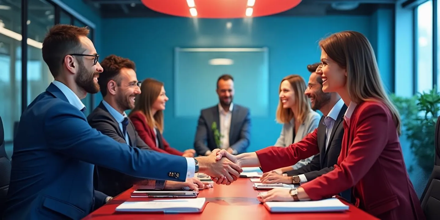Business professionals shaking hands in a modern office meeting