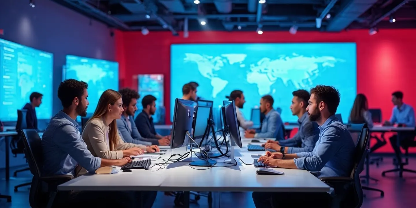 Technology team collaborating in a modern office environment
